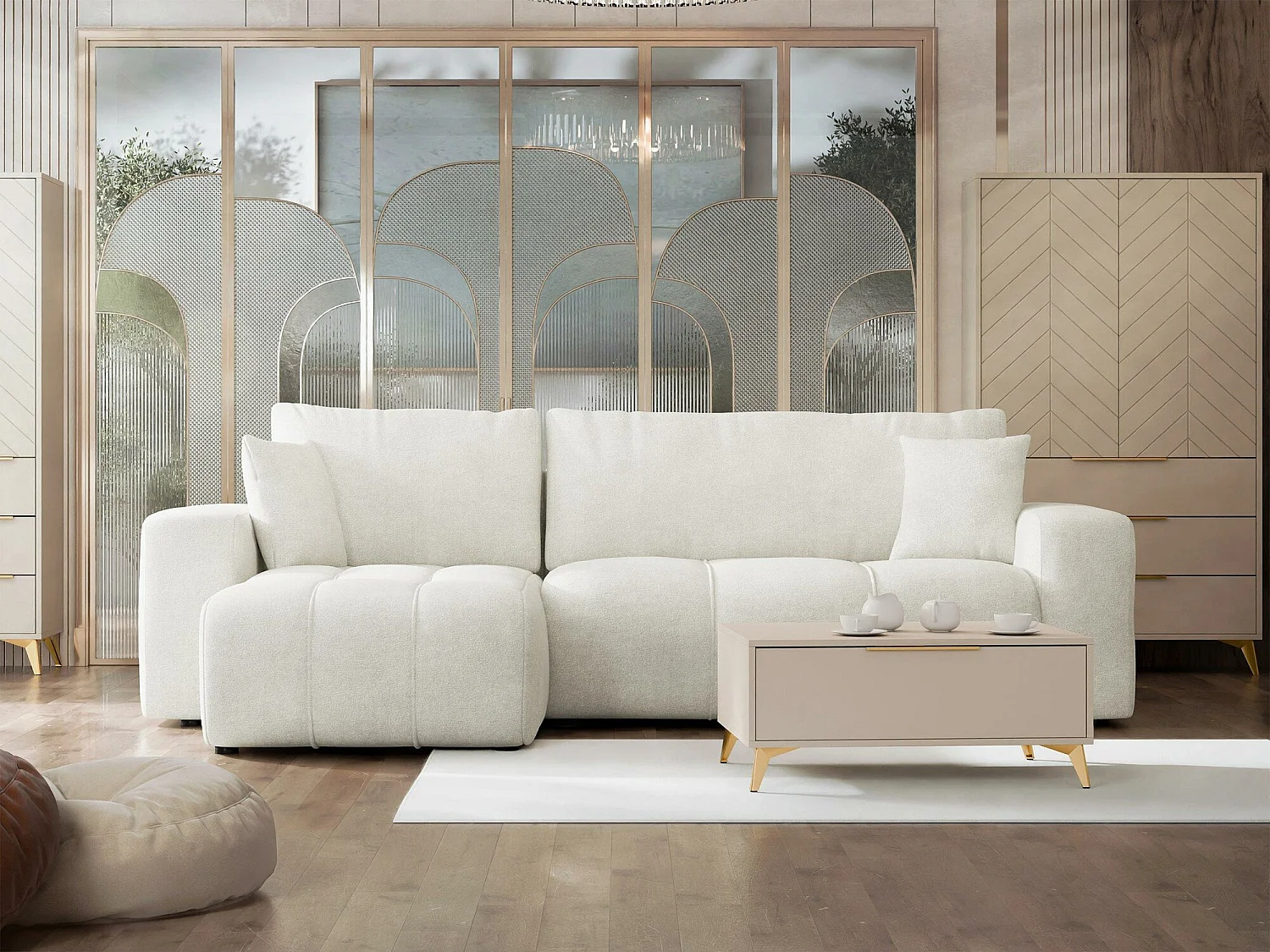 Sofá rinconero Comfivo Laurus, Gris claro, Función de descanso, Almacenaje, 244x145x82cm