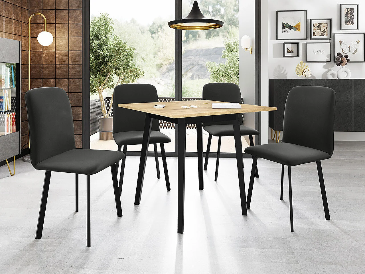 Table Edmond 109, Noir|Chêne doré artisanal, 77x85x85cm, Disponible, Stratifié, Bois