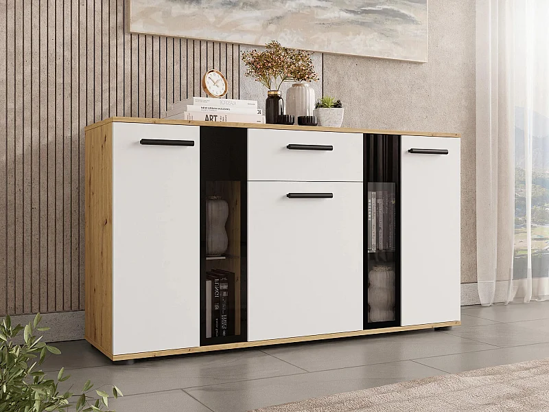 Commode Tucson 114, Blanc|Chêne Artisan, Tiroirs et portes, Nombre de tiroirs: 1, 80x41cm