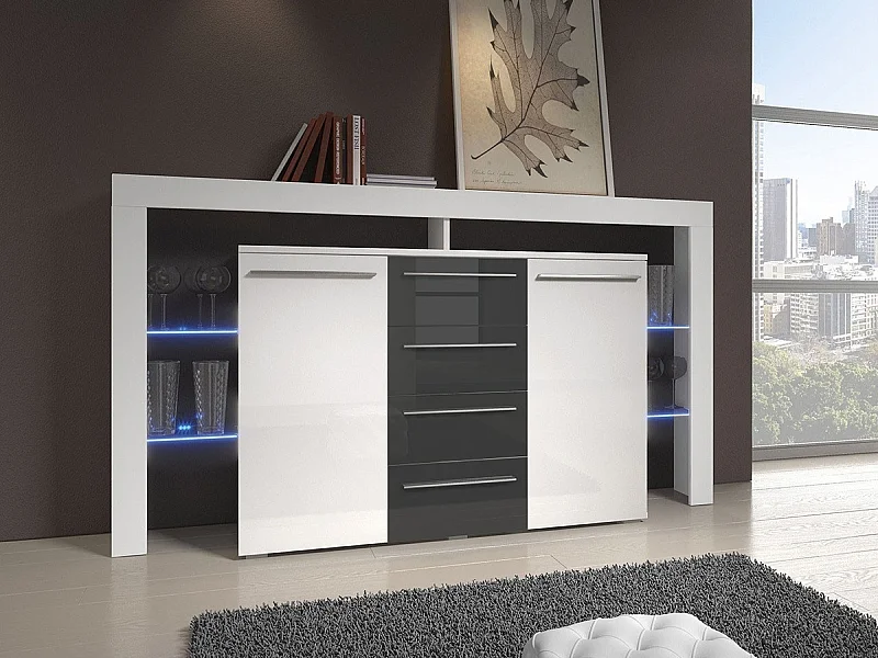 Commode Nashville 106, Gris brillant|Blanc, Tiroirs et portes, Nombre de tiroirs: 4, 94cm