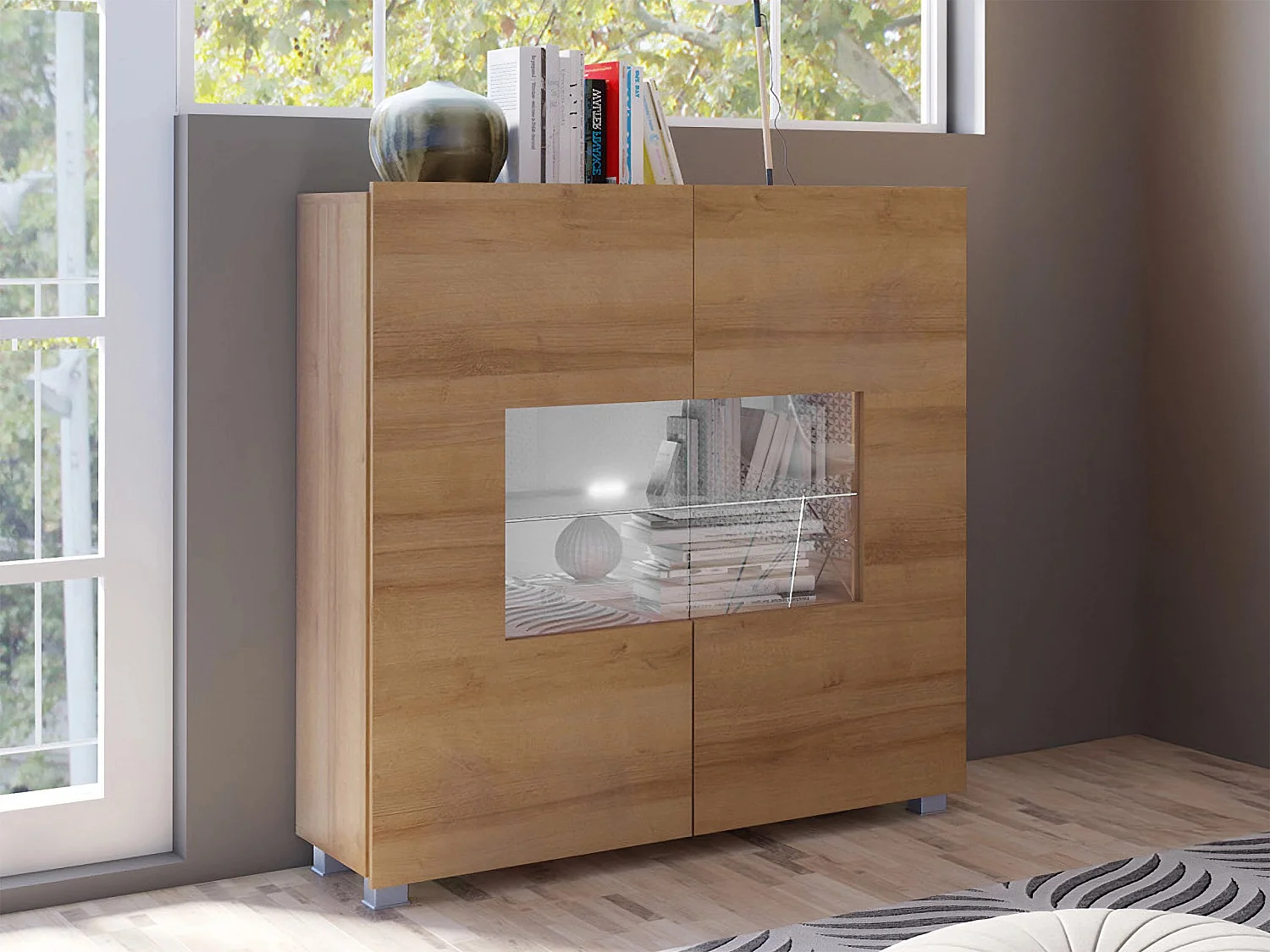 Buffet Remus, Chêne doré, 107x100cm, Le nombre de portes: 235cm, Verre trempé|Stratifié