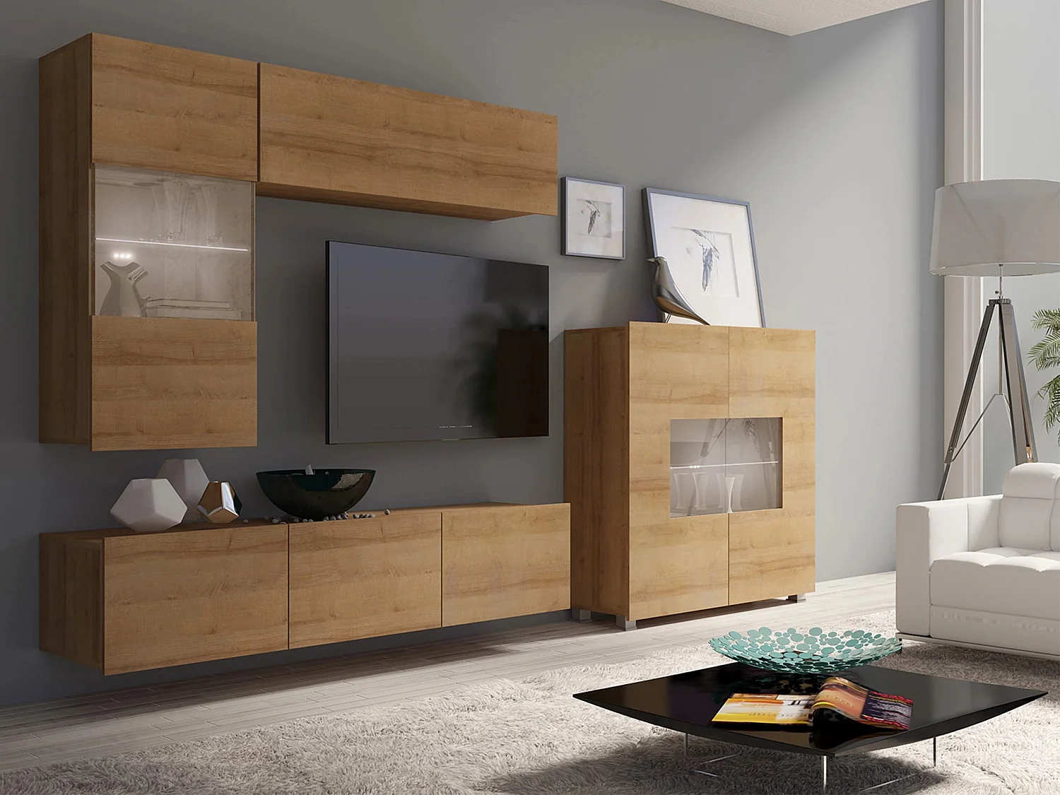 Buffet Remus, Chêne doré, 107x100cm, Le nombre de portes: 235cm, Verre trempé|Stratifié