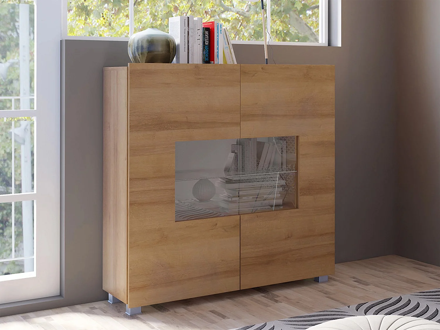 Buffet Remus, Chêne doré, 107x100cm, Le nombre de portes: 235cm, Verre trempé|Stratifié