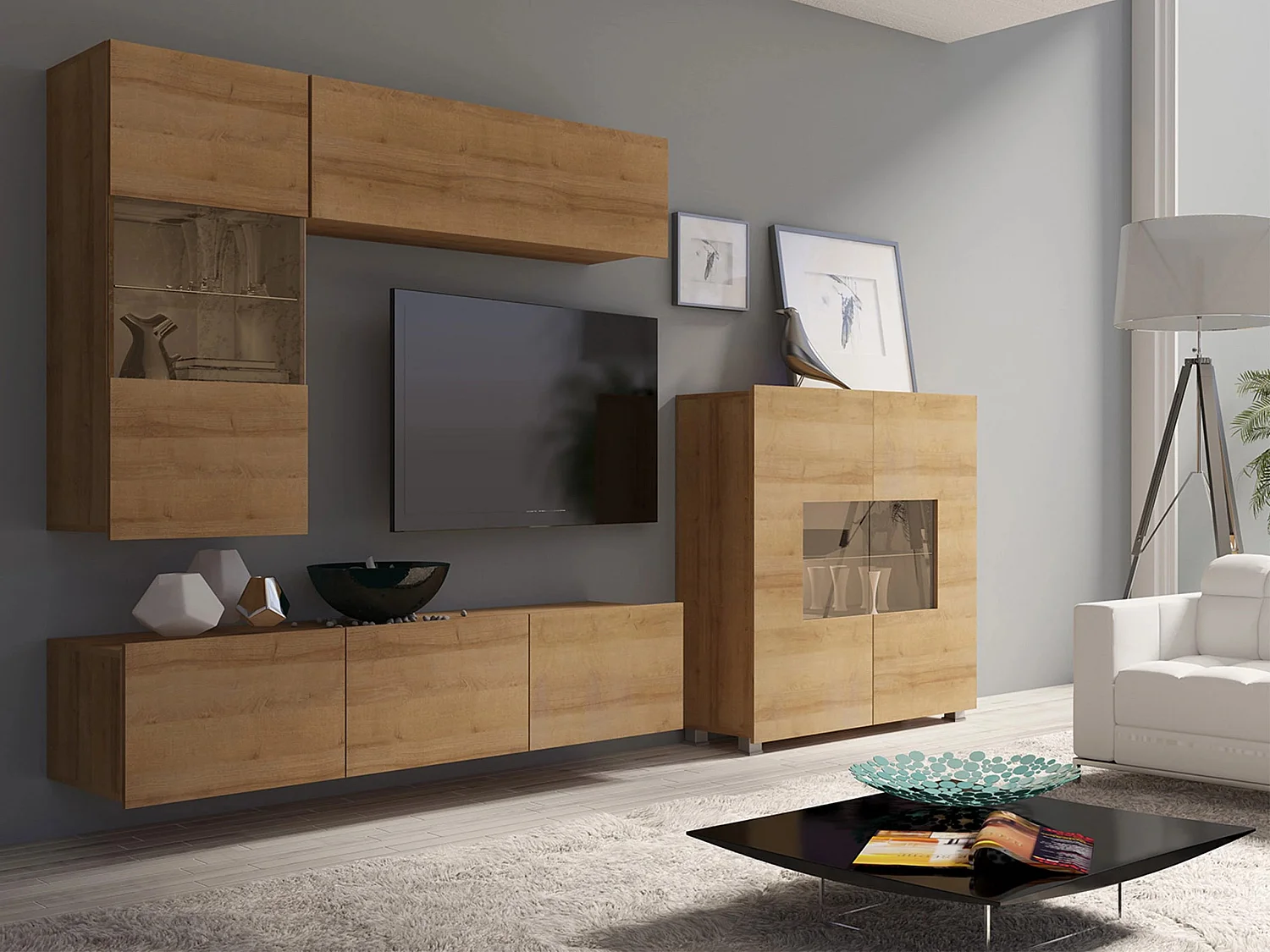 Buffet Remus, Chêne doré, 107x100cm, Le nombre de portes: 235cm, Verre trempé|Stratifié