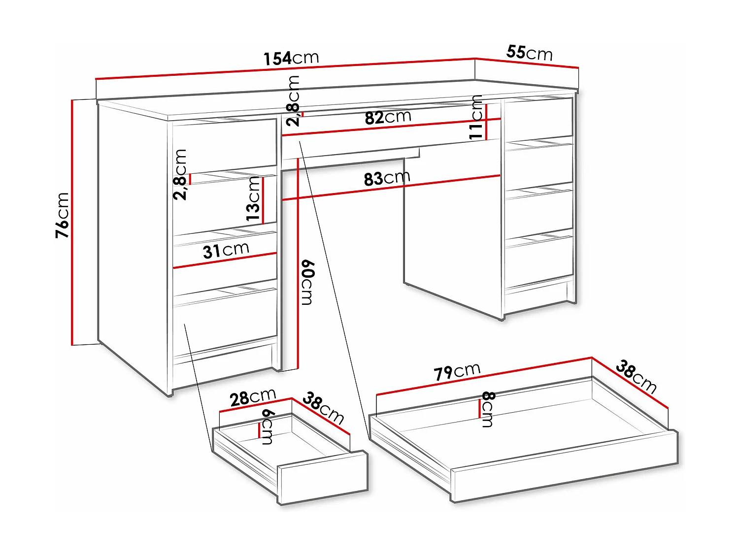 Bureau Comfivo 401, Avec tiroirs, 76x154x55cm, Blanc