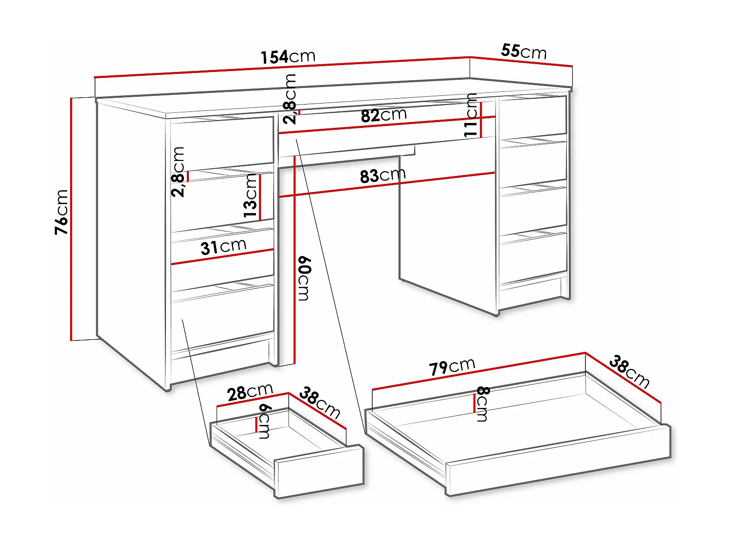 Bureau Comfivo Terros II, Avec tiroirs, 76x154x55cm, Blanc