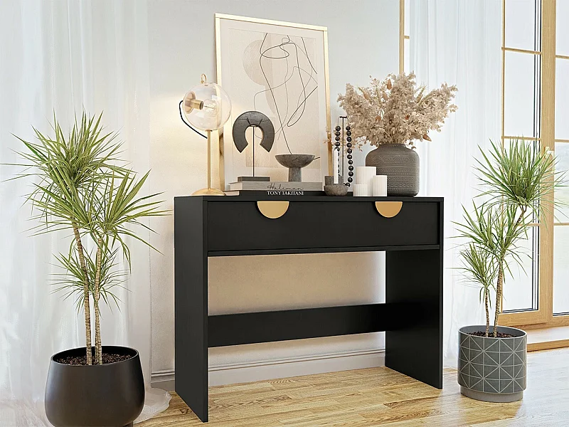 Console Comfivo Levevai 106, Noir|Doré, 78x100x40cm, Avec tiroirs