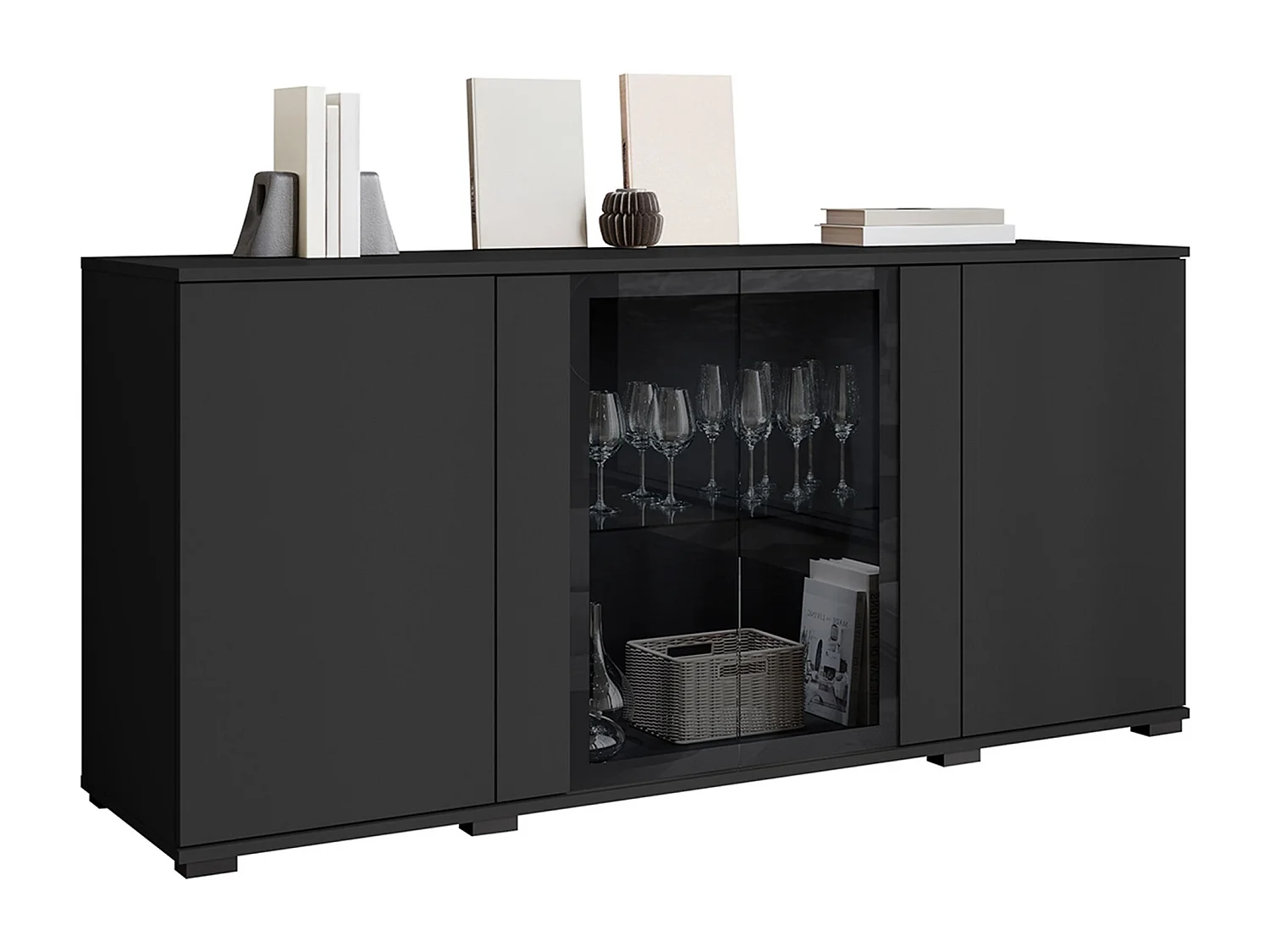 Buffet Torcame 102, Noir, 70x150x40cm, Verre trempé|Stratifié