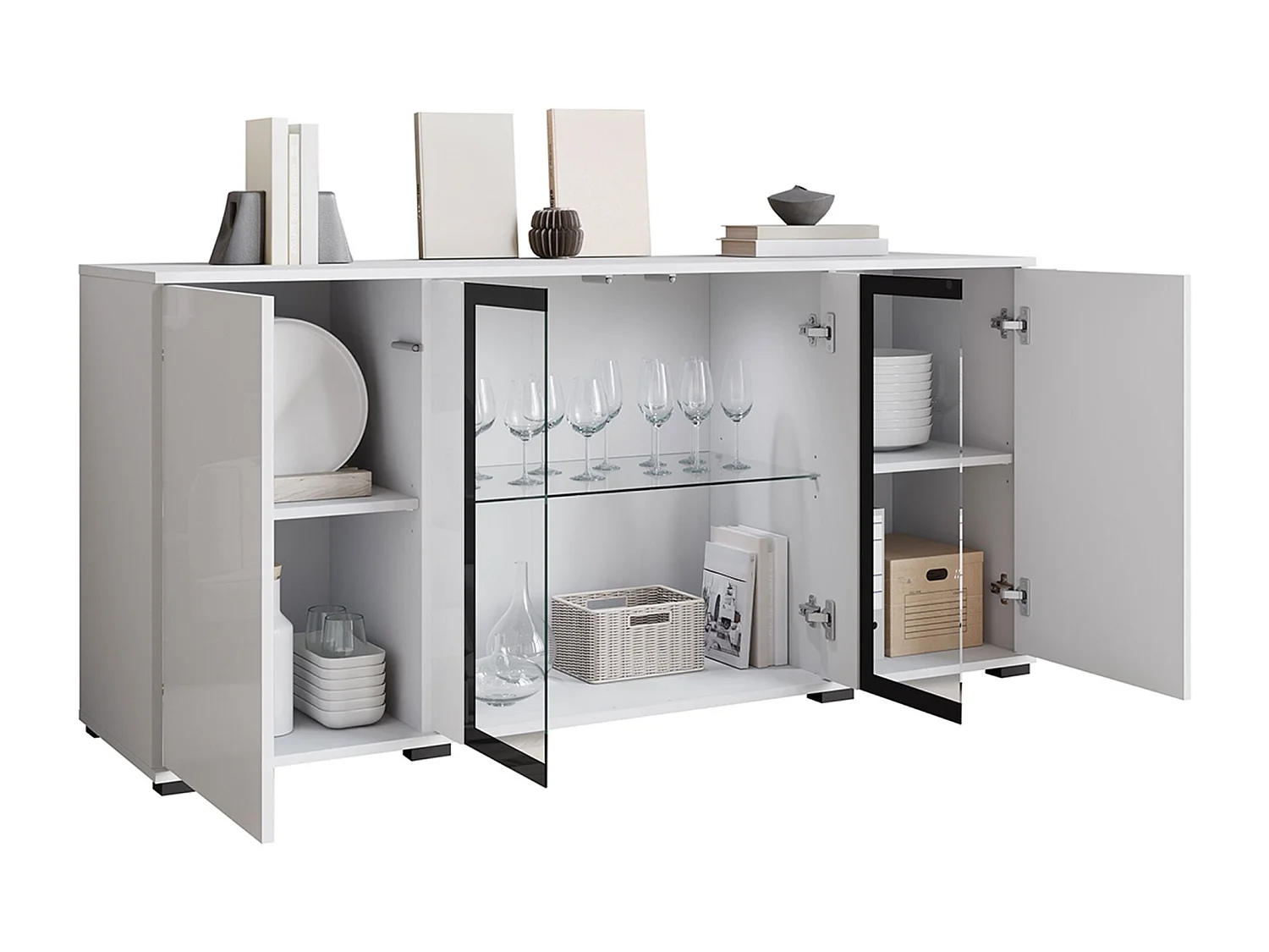 Buffet Torcame 102, Noir, 70x150x40cm, Verre trempé|Stratifié