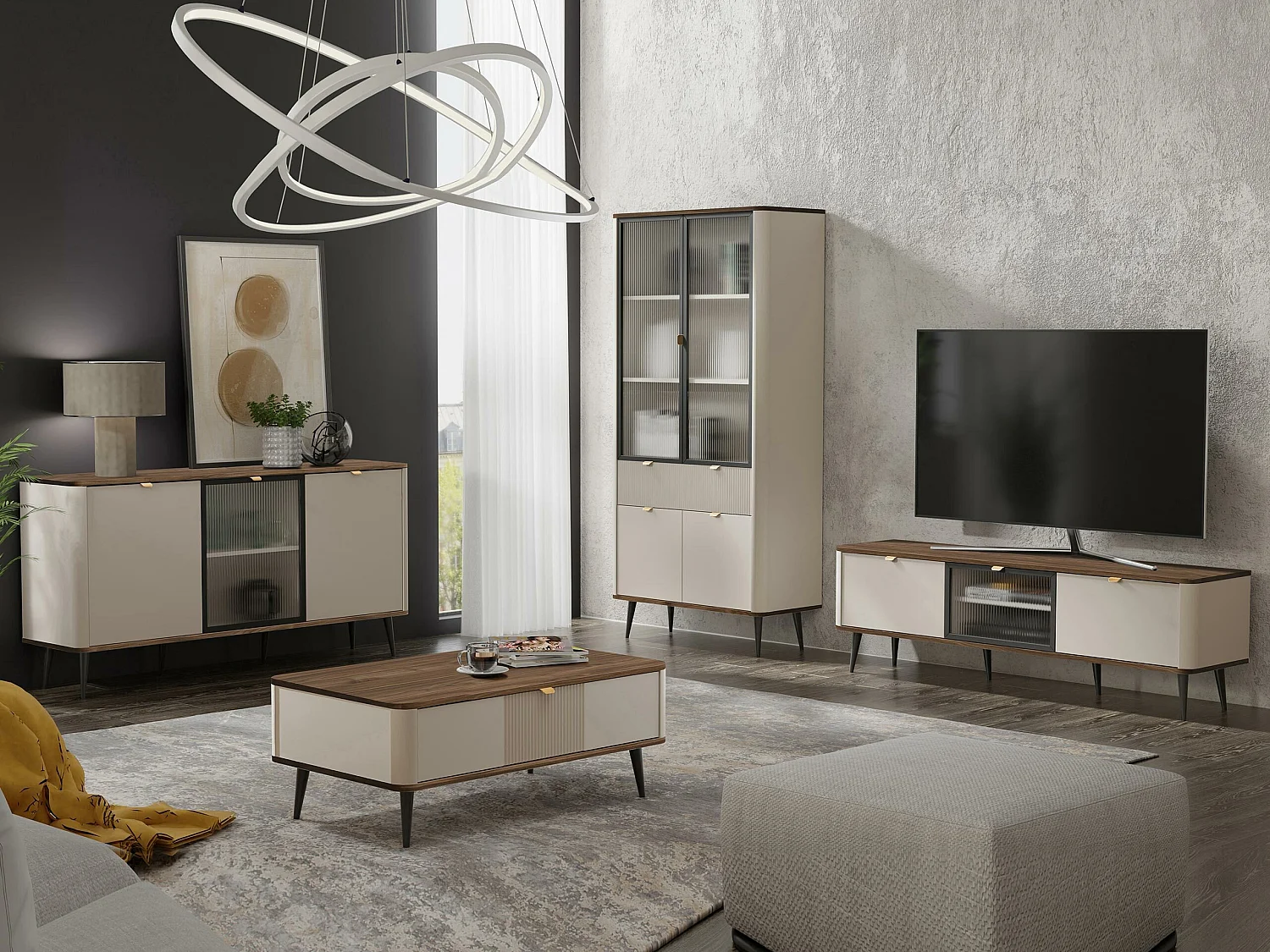 Buffet Lufela 105, Cachemire|Noyer, 82x160x40cm, Stratifié|Verre trempé|MDF