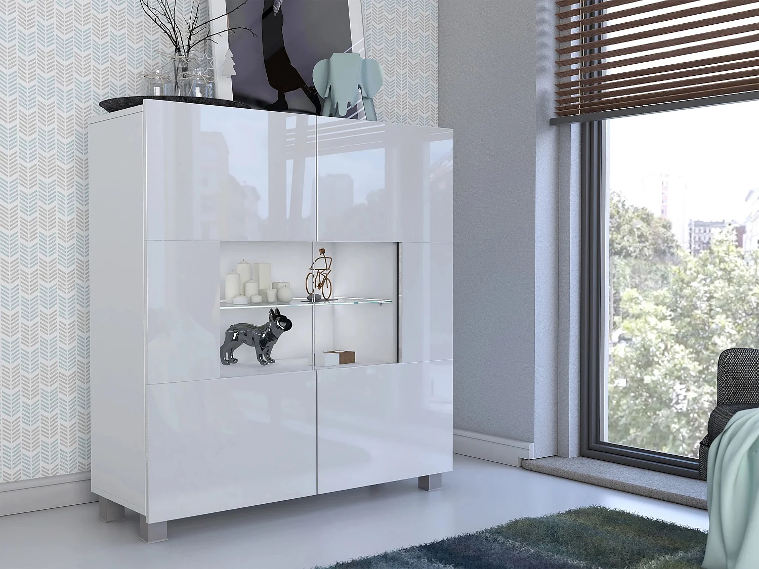 Buffet Remus, Blanc brillant|Blanc, 107x100cm, Le nombre de portes: 235cm