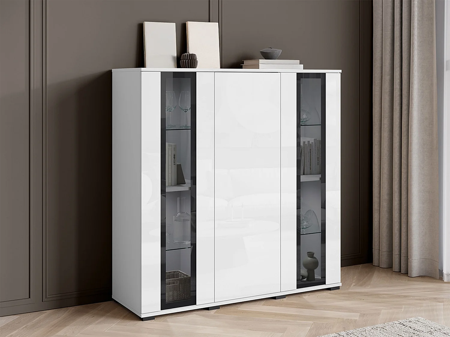 Buffet Torcame 100, Blanc|Blanc brillant, 122x120x40cm, Verre trempé|Stratifié