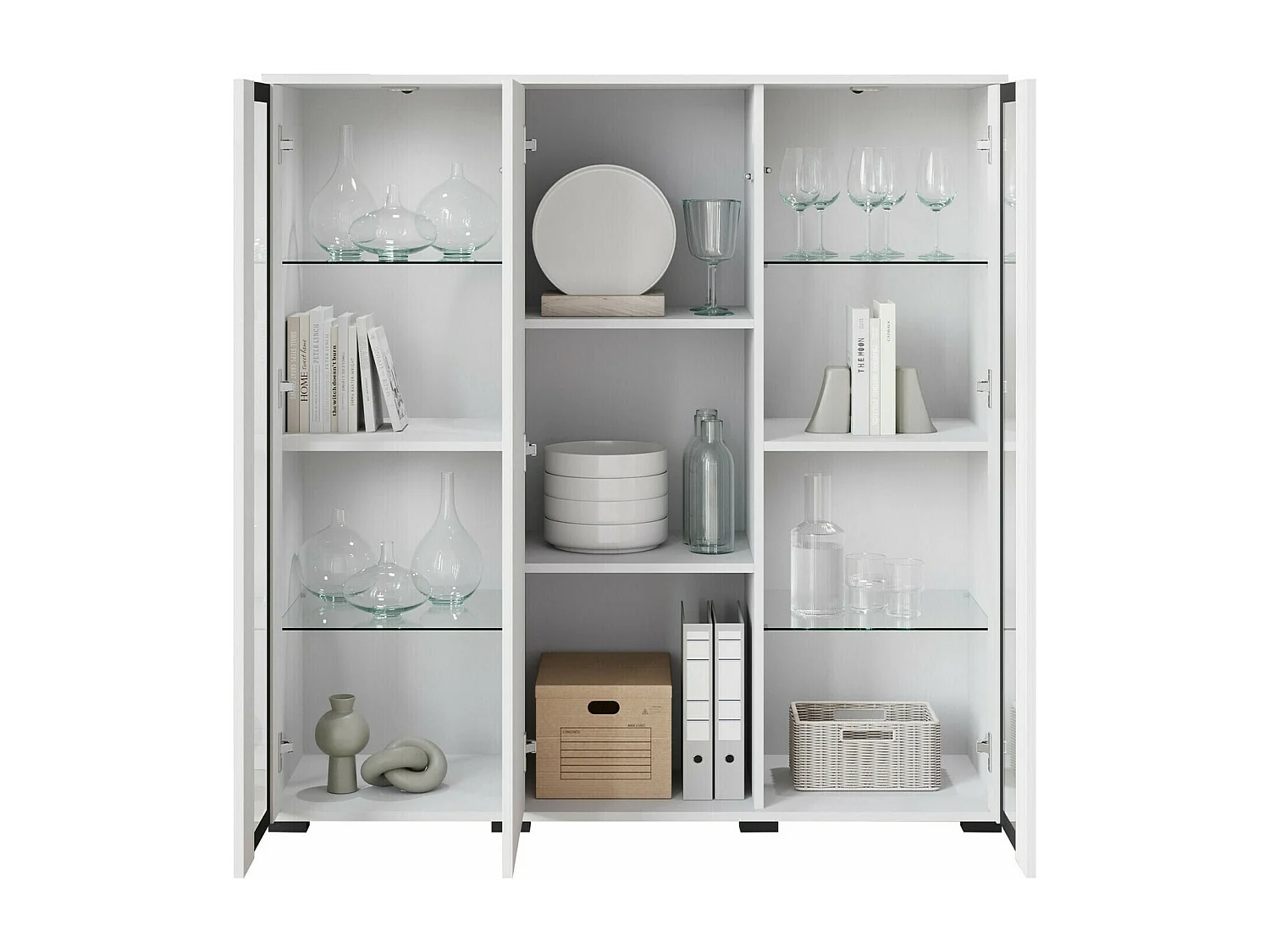 Buffet Torcame 100, Blanc|Blanc brillant, 122x120x40cm, Verre trempé|Stratifié