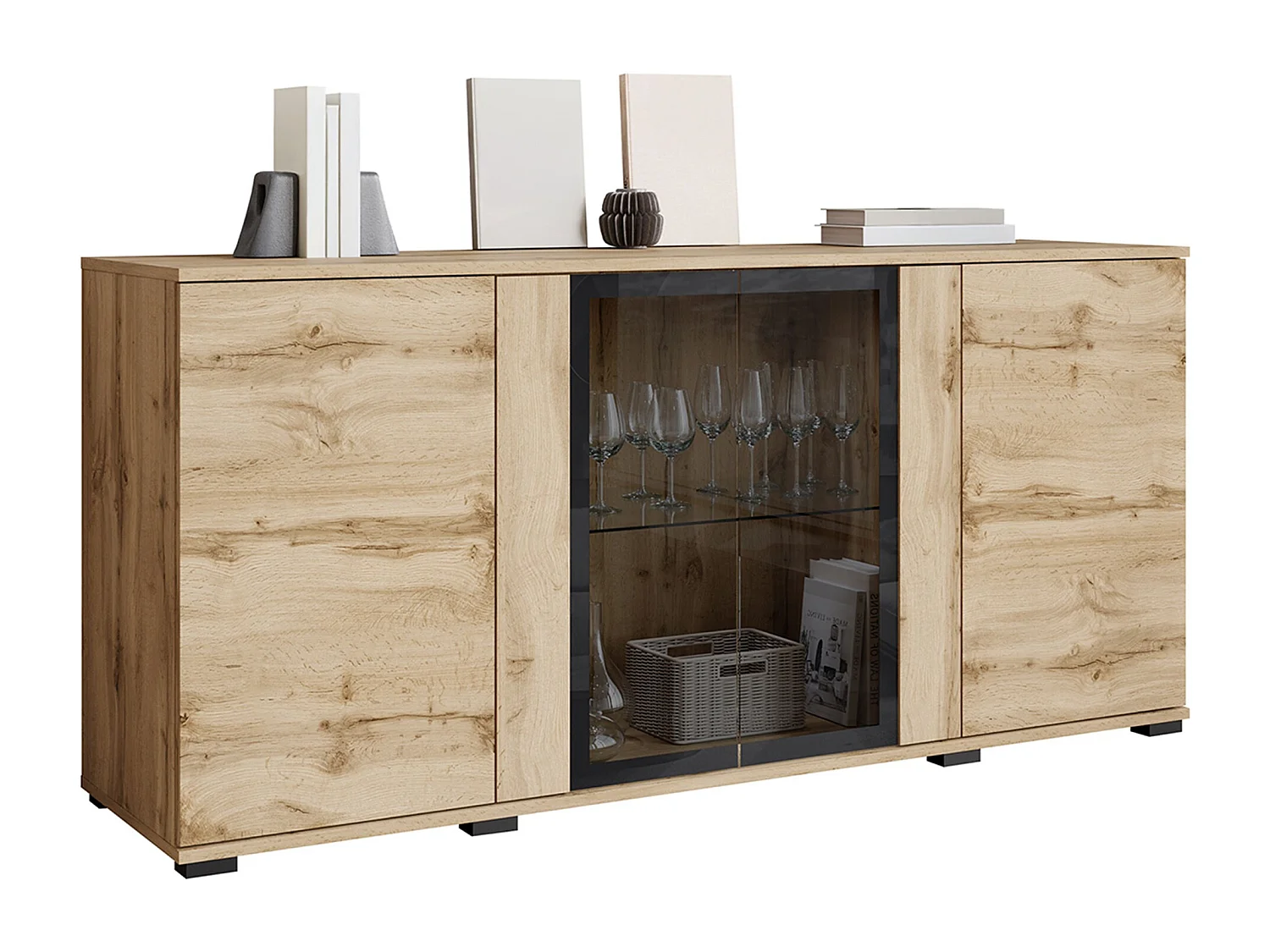 Buffet Torcame 102, Chêne wotan, 70x150x40cm, Stratifié|Verre trempé