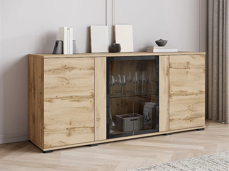 Buffet Torcame 102, Chêne wotan, 70x150x40cm, Verre trempé|Stratifié