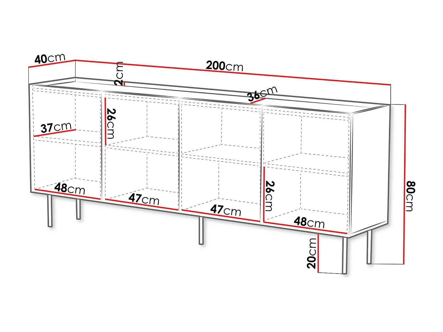 Buffet Mortali 101, Noir, 80x200x40cm, Stratifié|MDF