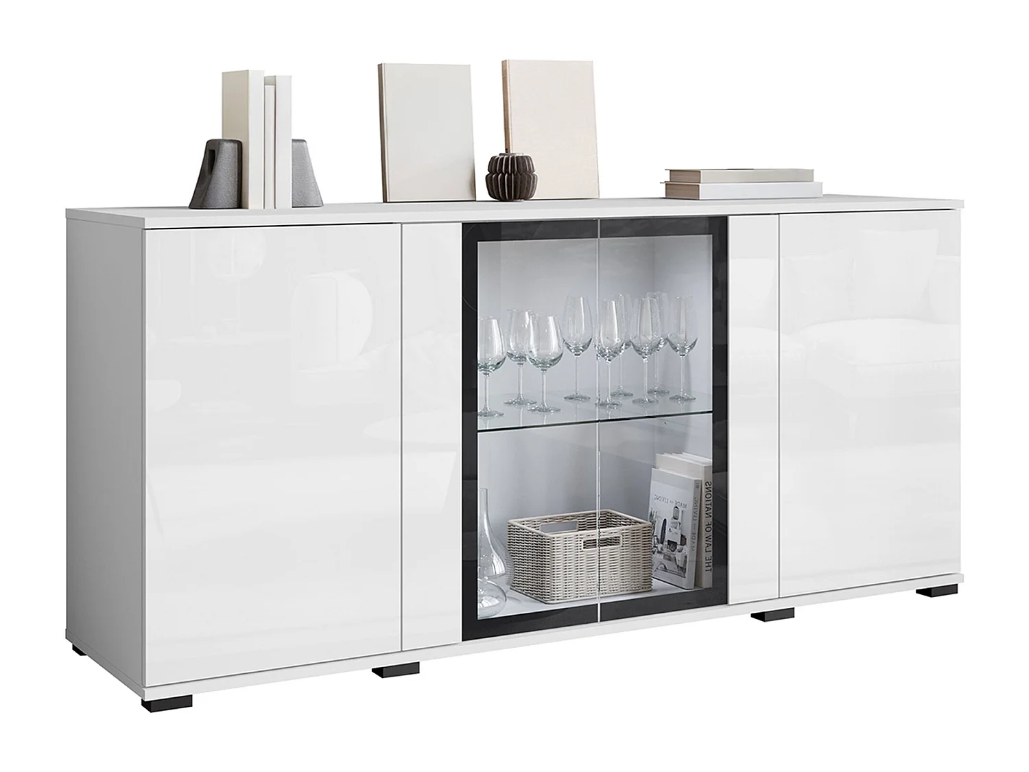 Buffet Torcame 102, Blanc brillant|Blanc, 70x150x40cm, Verre trempé|Stratifié