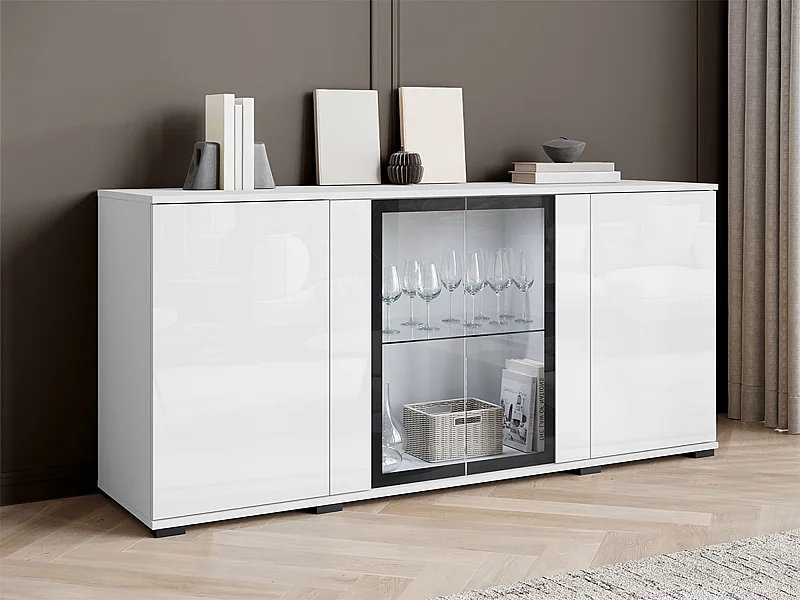 Buffet Torcame 102, Blanc brillant|Blanc, 70x150x40cm, Verre trempé|Stratifié