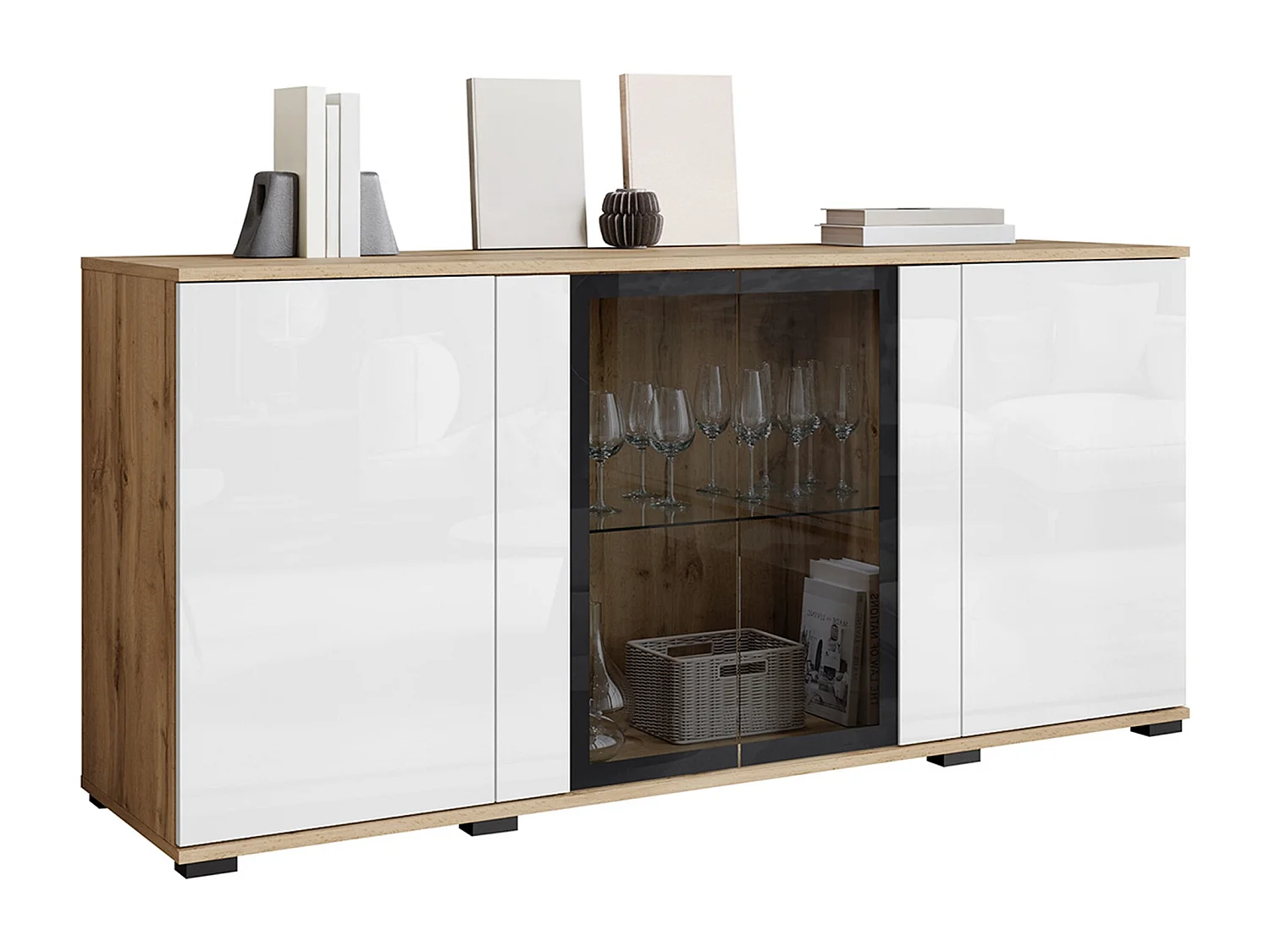 Buffet Torcame 102, Blanc brillant|Chêne wotan, 70x150x40cm, Stratifié|Verre trempé