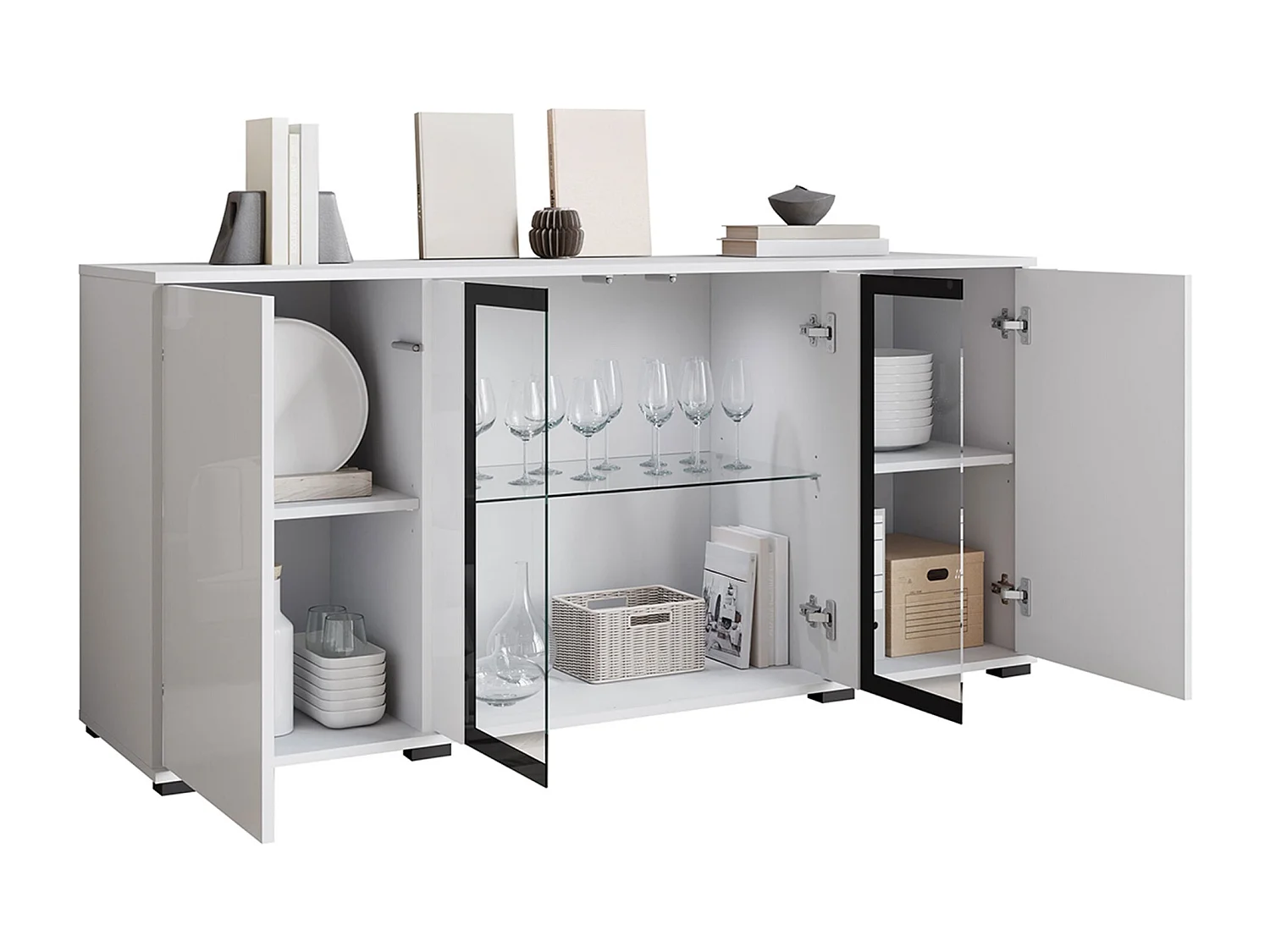 Buffet Torcame 102, Blanc brillant|Chêne wotan, 70x150x40cm, Stratifié|Verre trempé