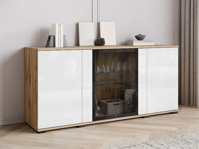 Buffet Torcame 102, Blanc brillant|Chêne wotan, 70x150x40cm, Verre trempé|Stratifié