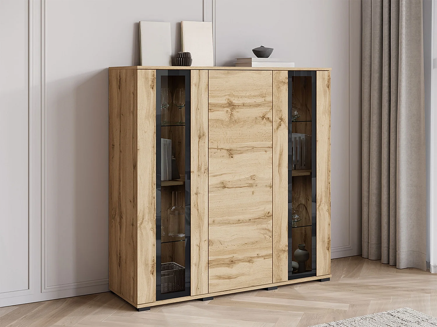 Buffet Torcame 100, Chêne wotan, 122x120x40cm, Verre trempé|Stratifié