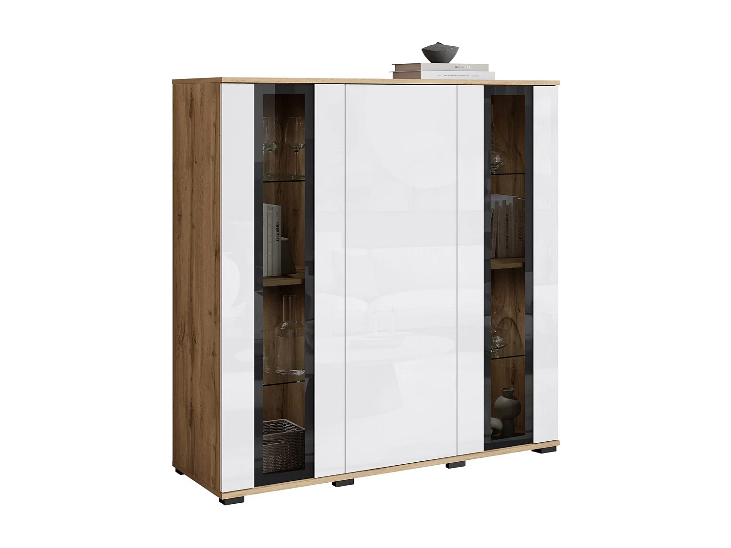 Buffet Torcame 100, Blanc brillant|Chêne wotan, 122x120x40cm, Verre trempé|Stratifié