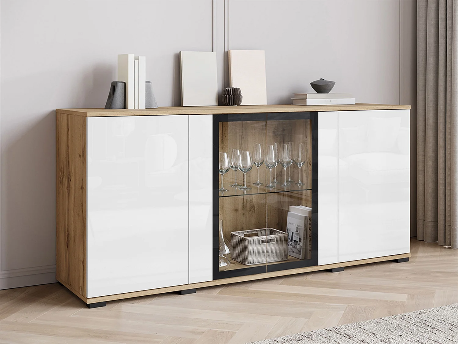 Buffet Torcame 102, Blanc brillant|Chêne wotan, 70x150x40cm, Stratifié|Verre trempé