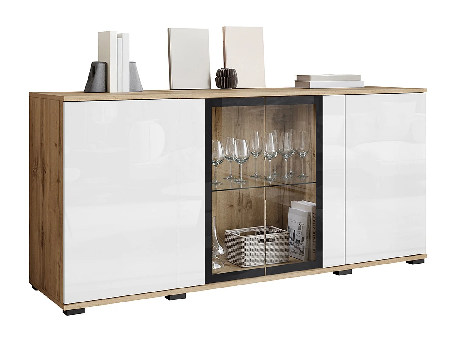 Buffet Torcame 102, Blanc brillant|Chêne wotan, 70x150x40cm, Stratifié|Verre trempé