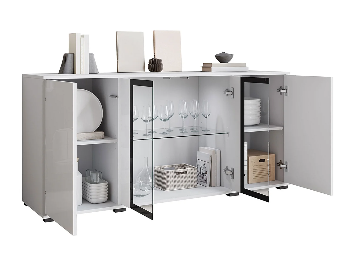 Buffet Torcame 102, Blanc brillant|Chêne wotan, 70x150x40cm, Stratifié|Verre trempé