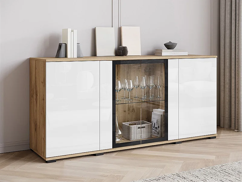 Buffet Torcame 102, Blanc brillant|Chêne wotan, 70x150x40cm, Verre trempé|Stratifié