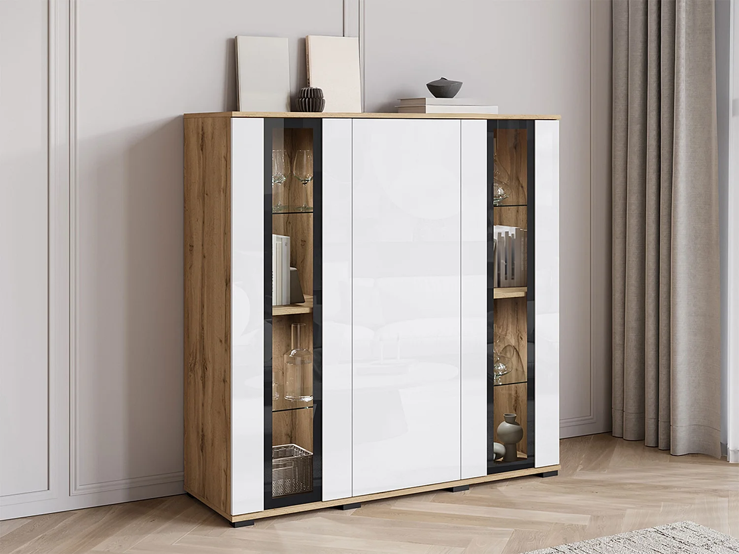 Buffet Torcame 100, Chêne wotan|Blanc brillant, 122x120x40cm, Verre trempé|Stratifié