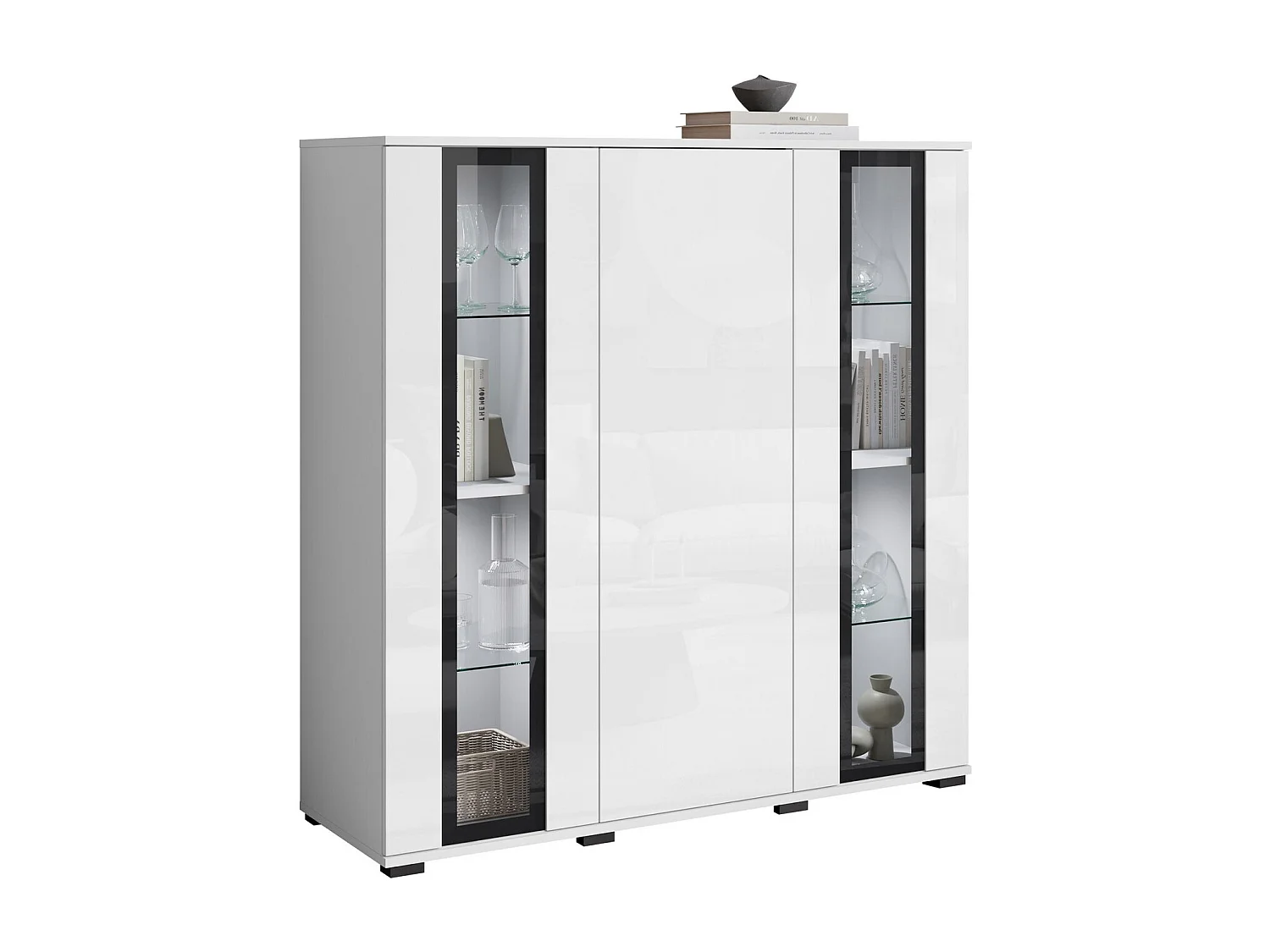Buffet Torcame 100, Blanc brillant|Blanc, 122x120x40cm, Verre trempé|Stratifié