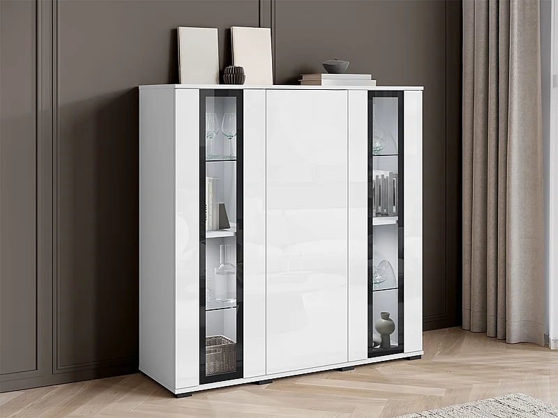 Buffet Torcame 100, Blanc|Blanc brillant, 122x120x40cm, Verre trempé|Stratifié
