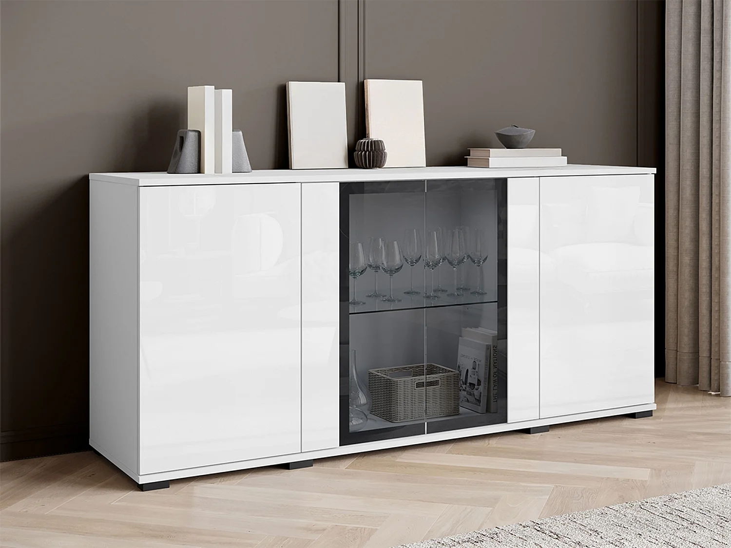 Buffet Torcame 102, Blanc brillant|Blanc, 70x150x40cm, Verre trempé|Stratifié