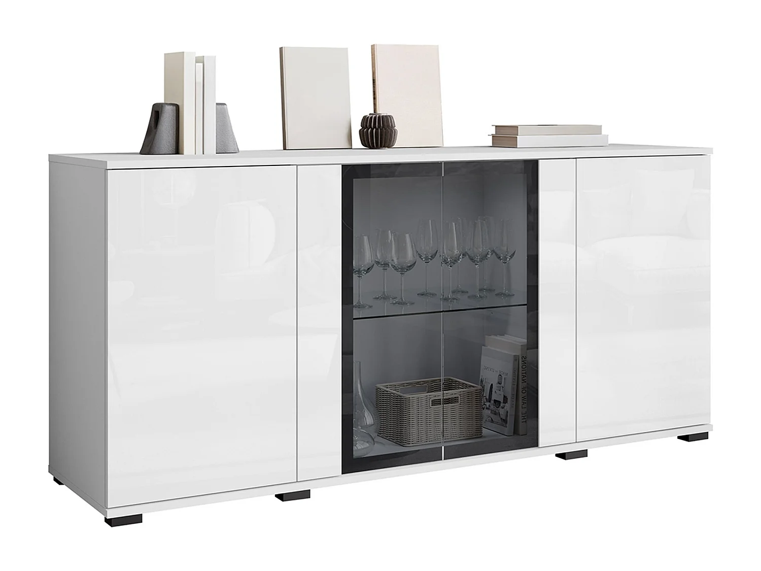 Buffet Torcame 102, Blanc brillant|Blanc, 70x150x40cm, Verre trempé|Stratifié
