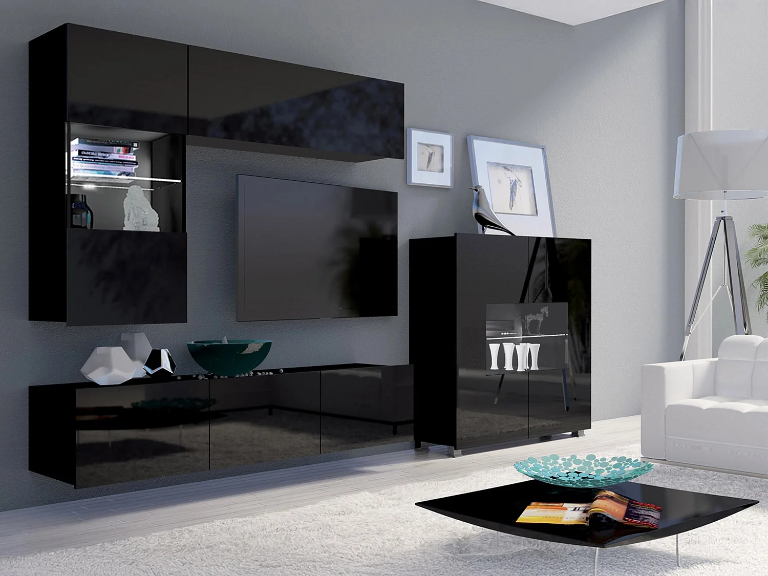 Buffet Remus, Noir brillant|Noir, 107x100cm, Le nombre de portes: 235cm