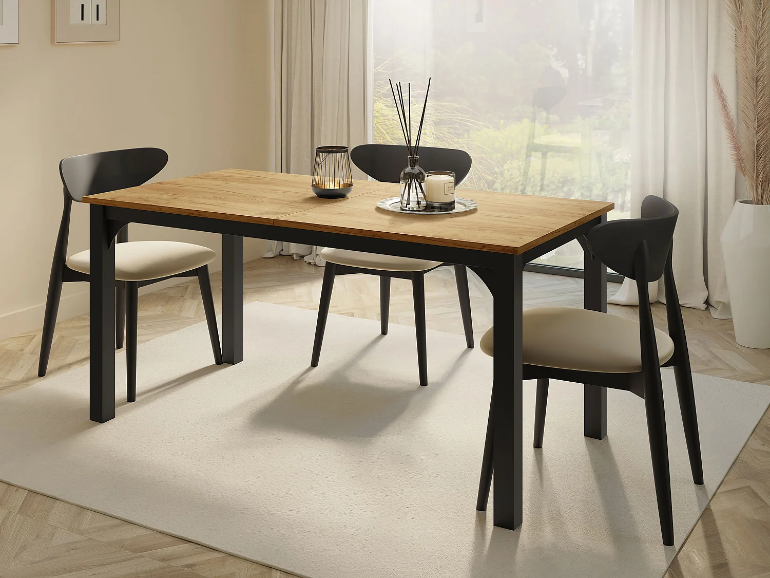 Table Oswego 137, Chêne doré artisanal|Noir, 76x90x160cm, Disponible, Stratifié, Métal
