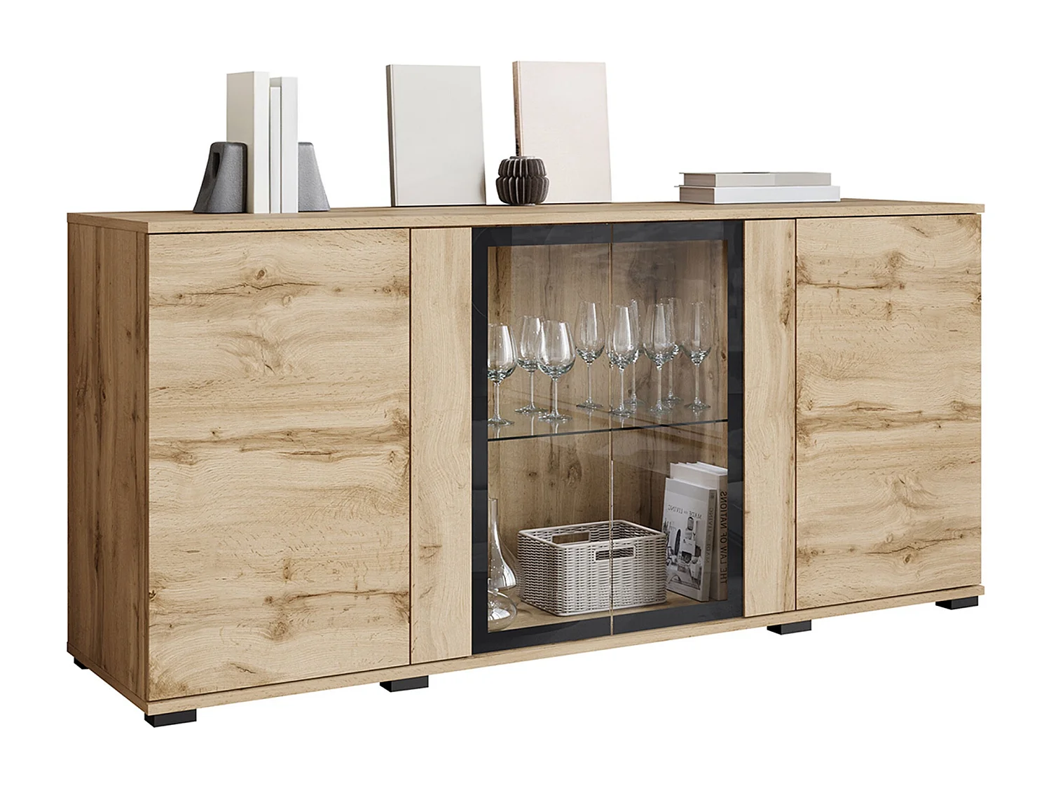 Buffet Torcame 102, Chêne wotan, 70x150x40cm, Stratifié|Verre trempé