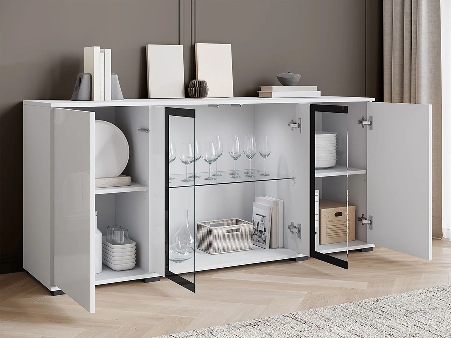 Buffet Torcame 102, Chêne wotan, 70x150x40cm, Stratifié|Verre trempé