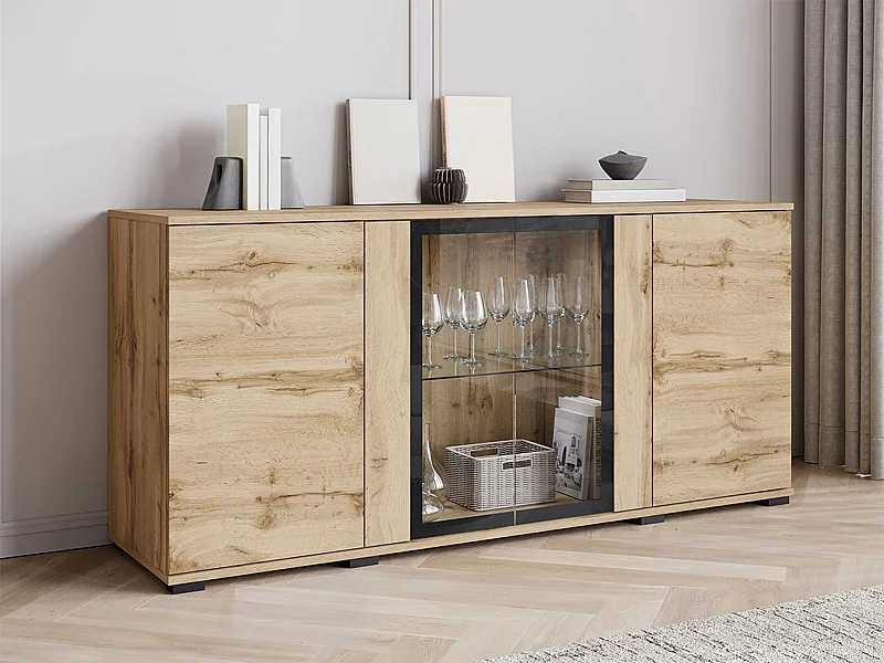 Buffet Torcame 102, Chêne wotan, 70x150x40cm, Verre trempé|Stratifié