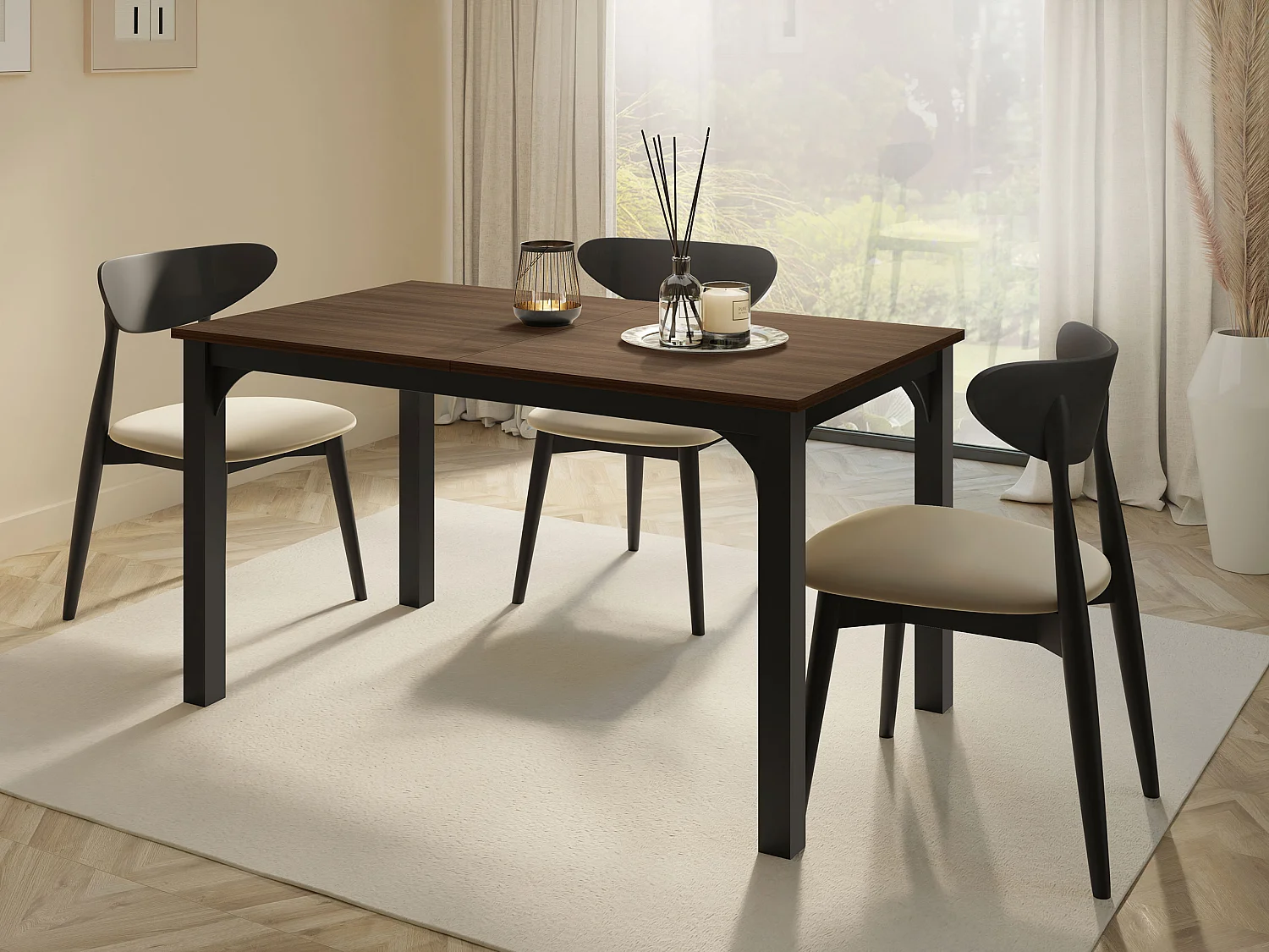 Table Oswego 136, Noyer|Noir, 76x80x140cm, Disponible, Stratifié, Métal