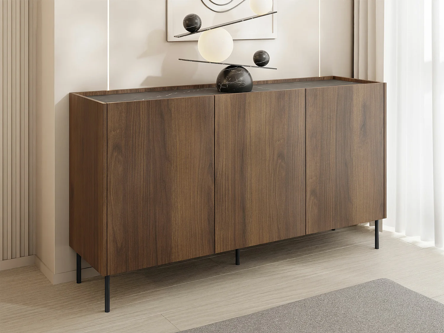 Buffet Comfivo Belviro 100, Marbre noir|Noyer, 78x144x37cm, Stratifié