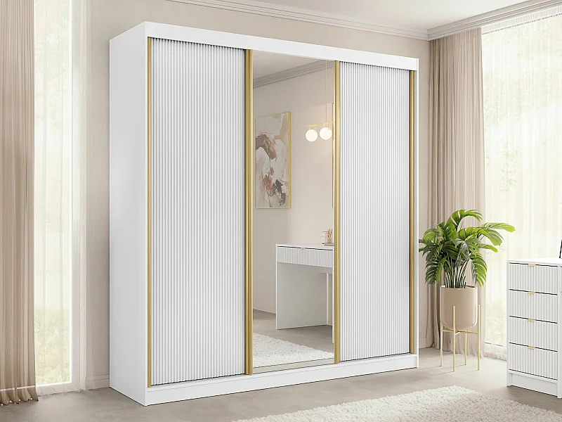 Armoire Comfivo Larmire 112, Blanc|Doré, 216x200x60cm, Portes d'armoire: Coulissantes