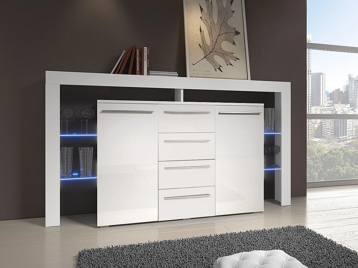 Commode Nashville 106, Blanc brillant|Blanc, Tiroirs et portes, Nombre de tiroirs: 4,