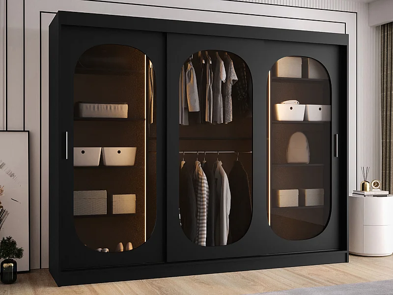 Armoire Hartford 522, Noir, 200x250x62cm, Portes d'armoire: Coulissantes