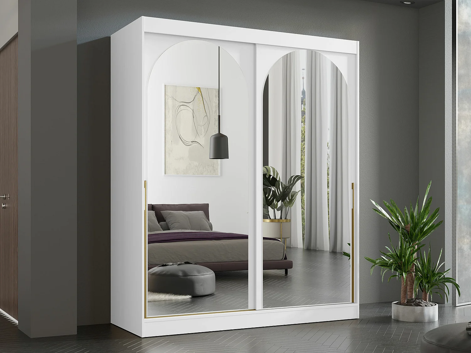 Armoire Toledo 132, Doré|Blanc, 216x180x65cm, Portes d'armoire: Coulissantes