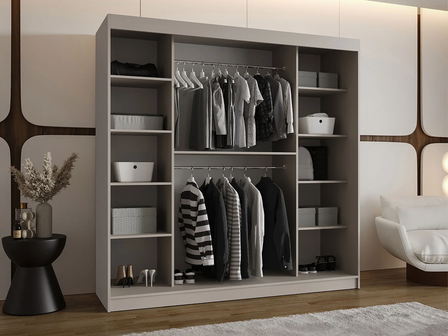 Armoire Hartford 521, Noir, 200x200x62cm, Portes d'armoire: Coulissantes