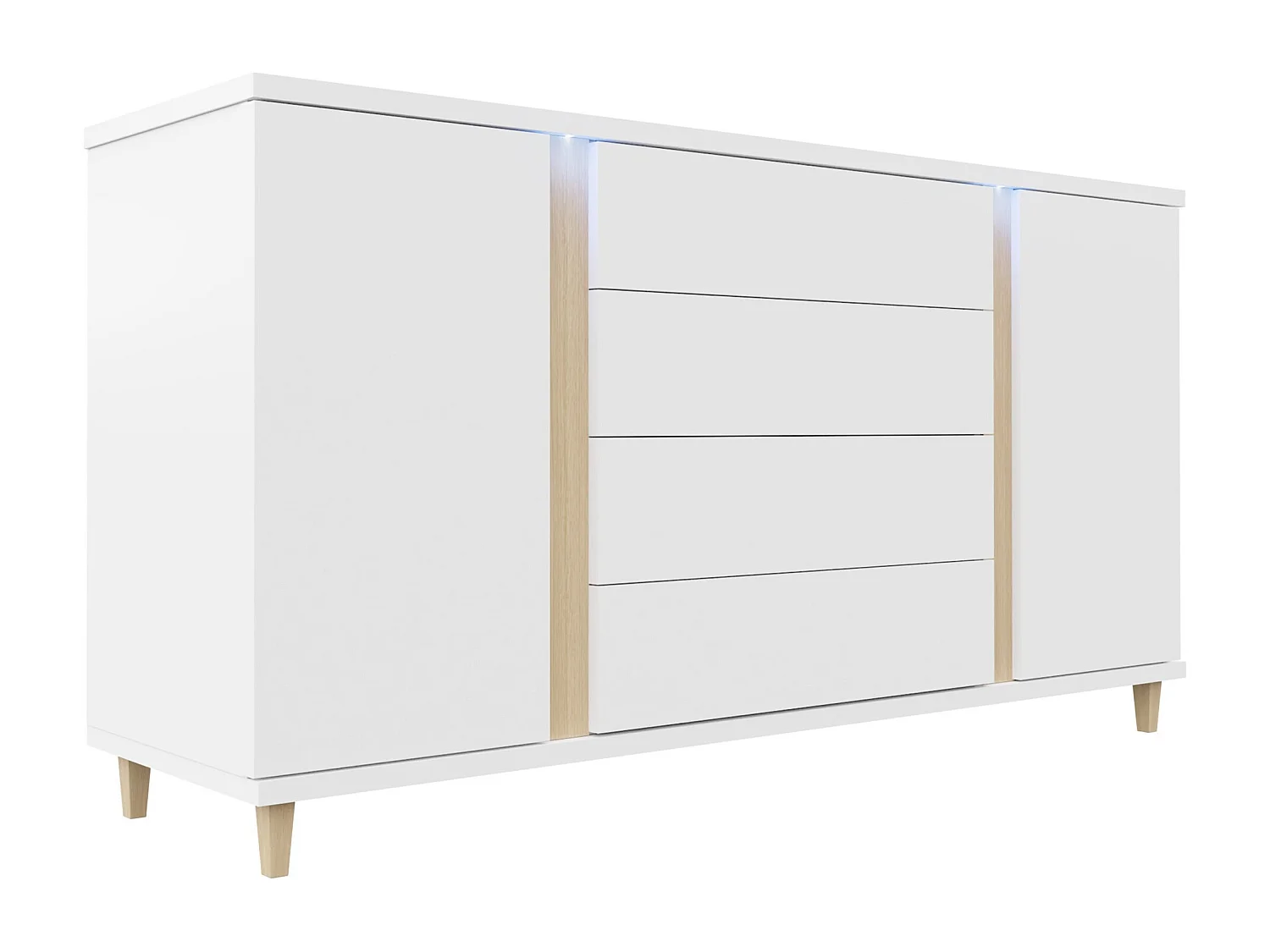 Commode Livseri 103, Blanc|Clair bois|Blanc brillant, Tiroirs et portes, 88x180x40cm