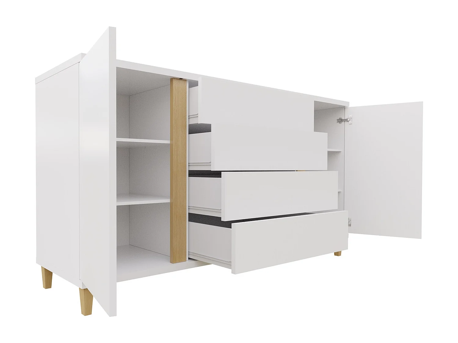 Commode Livseri 103, Blanc|Clair bois|Blanc brillant, Tiroirs et portes, 88x180x40cm